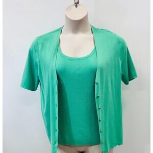 Talbots Green Button Front Cardigan Twin Set Women Petite L Short Sleeve 2 Pc